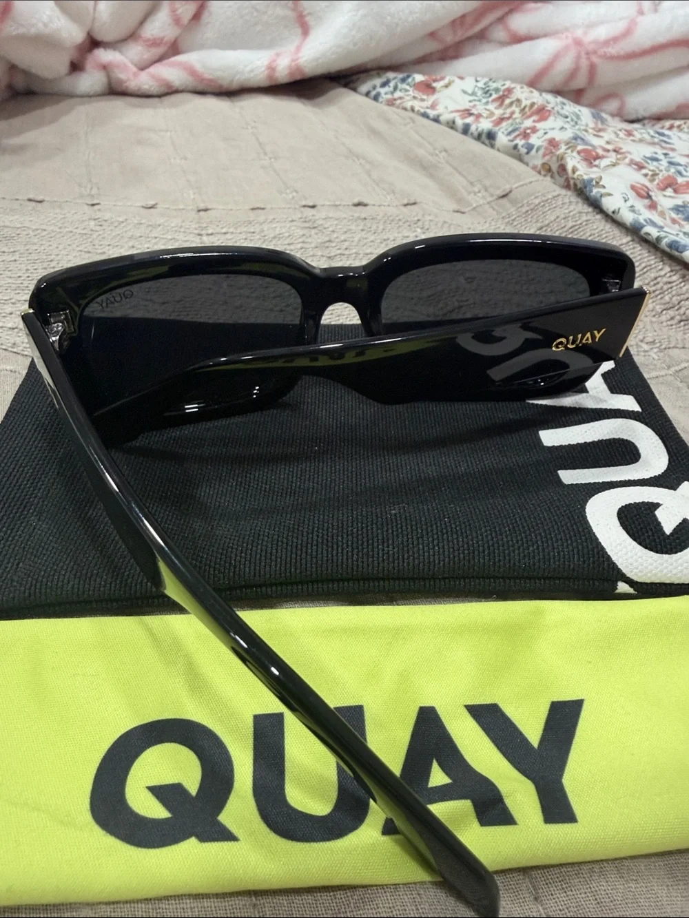 Quay Australia Black Gloss Square Sunglasses with Gold Logo